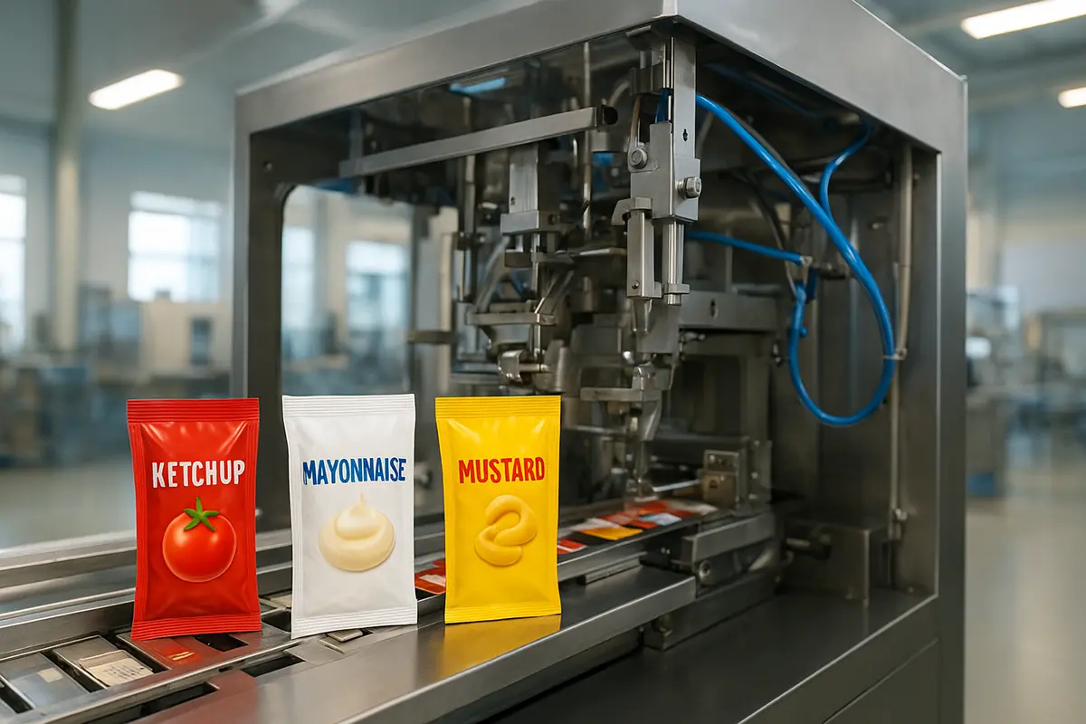 خرید و قیمت دستگاه بسته بندی سس تک نفره یا همان دستگاه بسته بندی ساشه مناسب برای بسته بندی انواع سس کچاپ، مایونز، خردل و انواع مختلف محصولات مشابه در بامک.