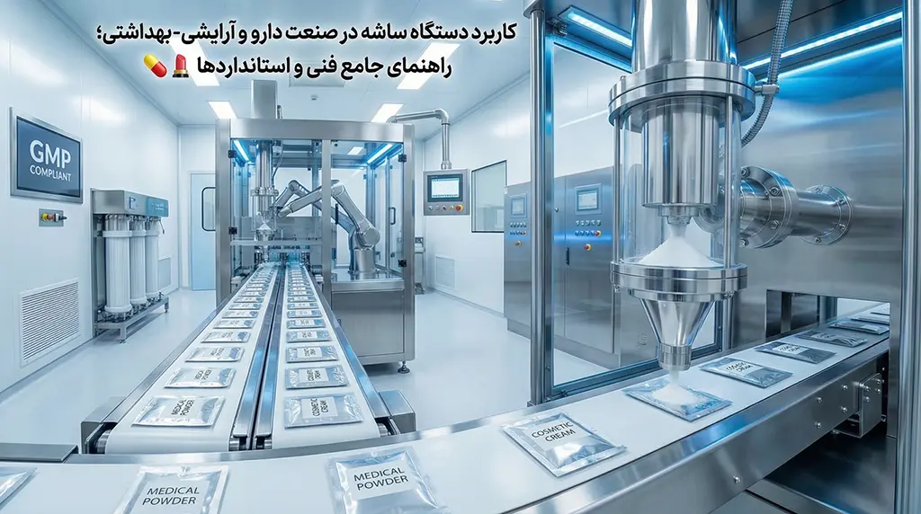 صفر تا صد کاربرد دستگاه ساشه در صنعت دارو و آرایشی. بررسی الزامات GMP، مزایای بسته‌بندی تک‌نفره بهداشتی و راهنمای خرید دستگاه از ماشین‌ سازی البرز ماشین کرج.