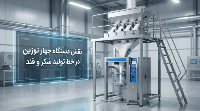 تحلیل مهندسی دستگاه چهار توزین شکر؛ شاهکار سرعت و دقت در بسته‌بندی. بررسی سیستم لودسل، کاهش ضایعات خط تولید قند و مقایسه فنی با مدل‌های ۲ توزین | بامک